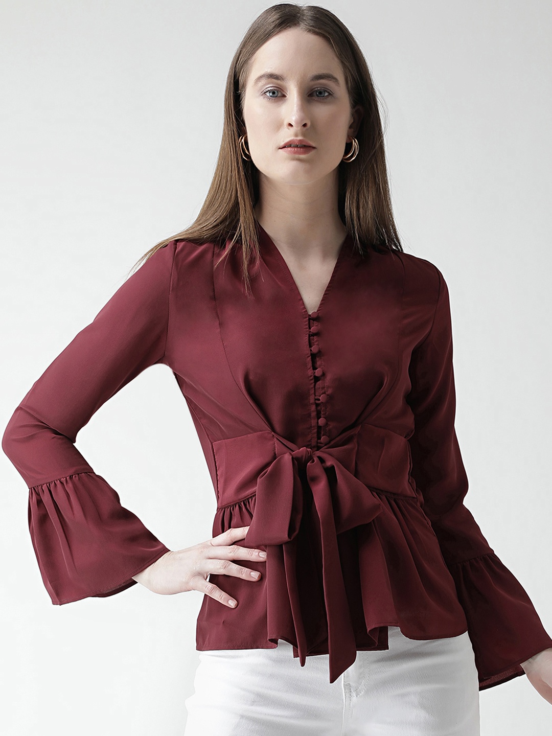 

KASSUALLY Women Maroon Solid Cinched Waist Top