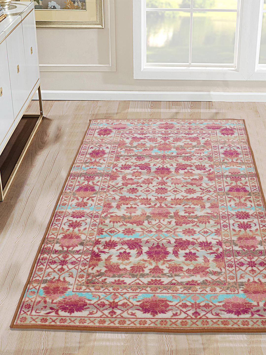 

RUGSMITH Off-White & Pink Printed Anti-Skid Carpet