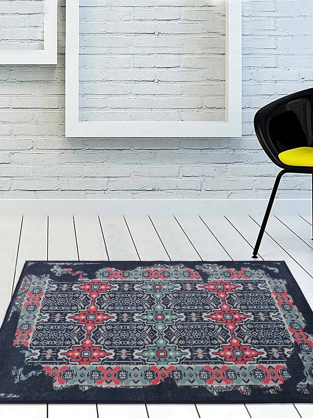 

RUGSMITH Navy Blue & Pink Printed Anti-Skid Carpet
