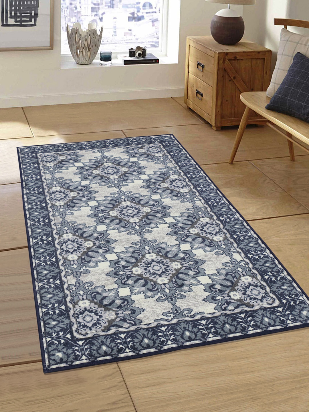 RUGSMITH Grey & Blue Printed Anti-Skid Carpet