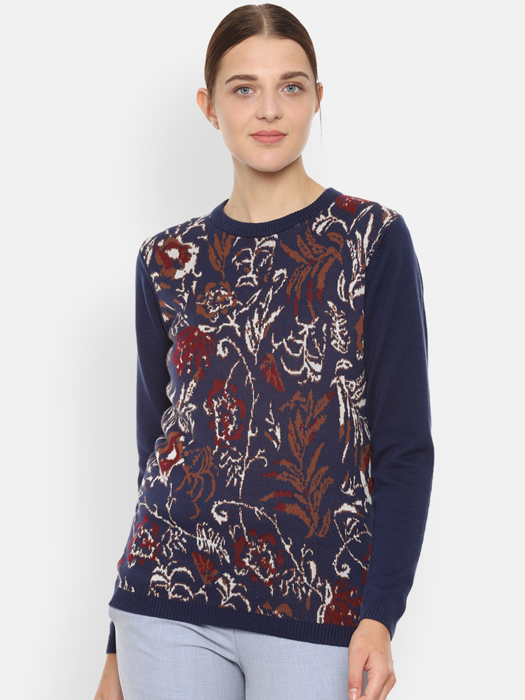 

Van Heusen Woman Navy Blue & Brown Self Design Sweater