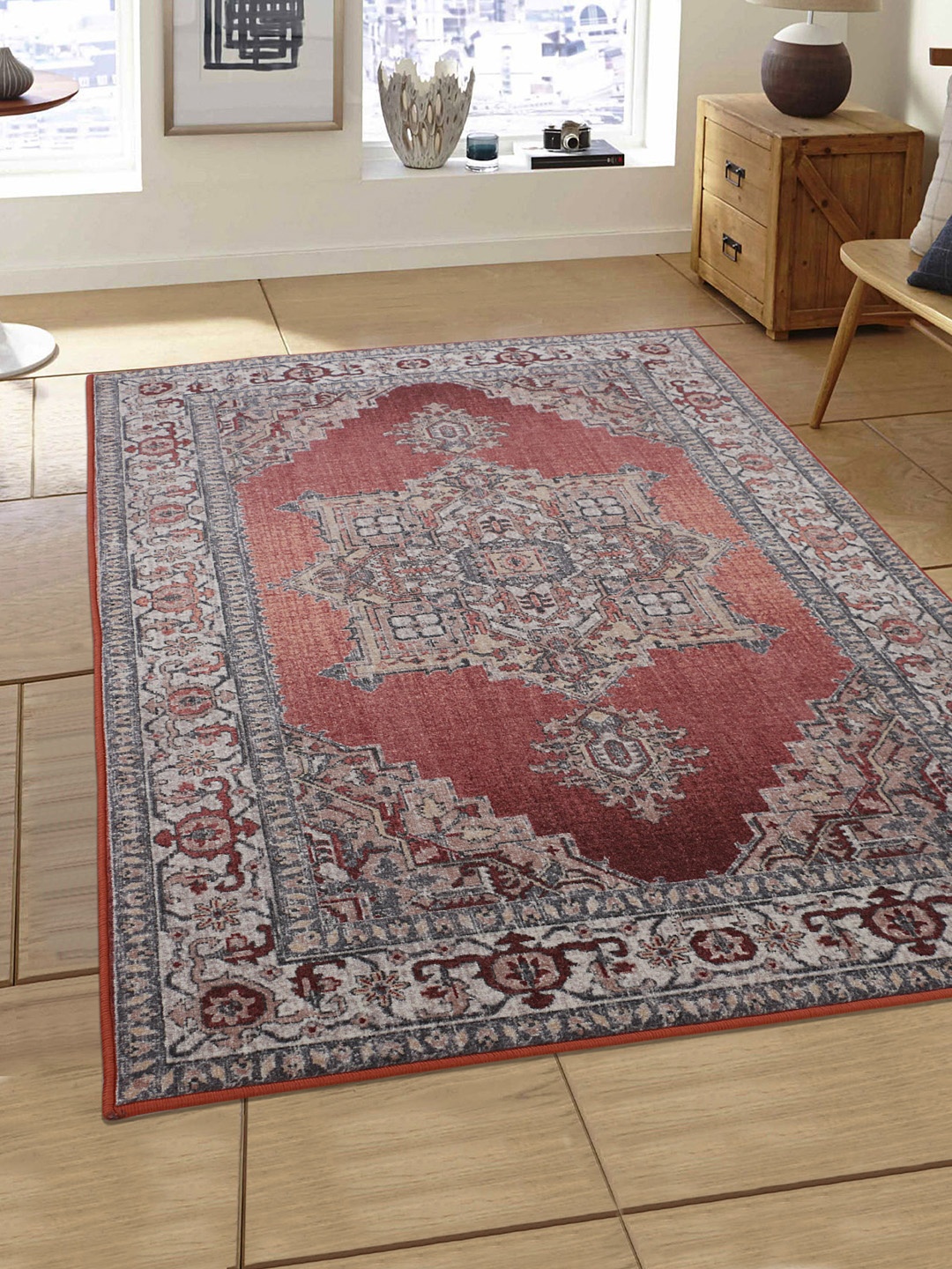 

RUGSMITH Burgundy & Beige Printed Anti-Skid Carpet