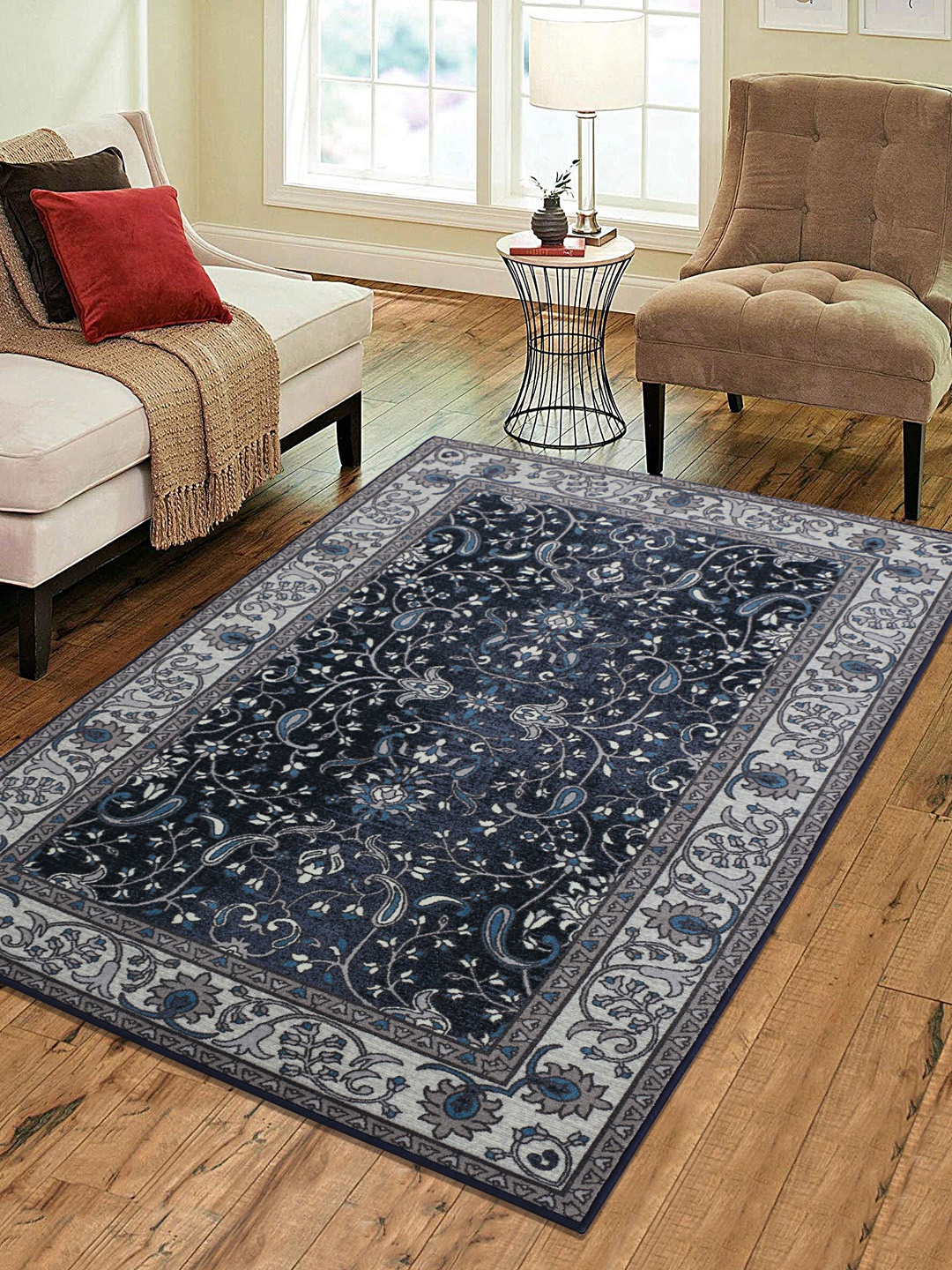 RUGSMITH Grey & Blue Printed Anti-Skid Carpet