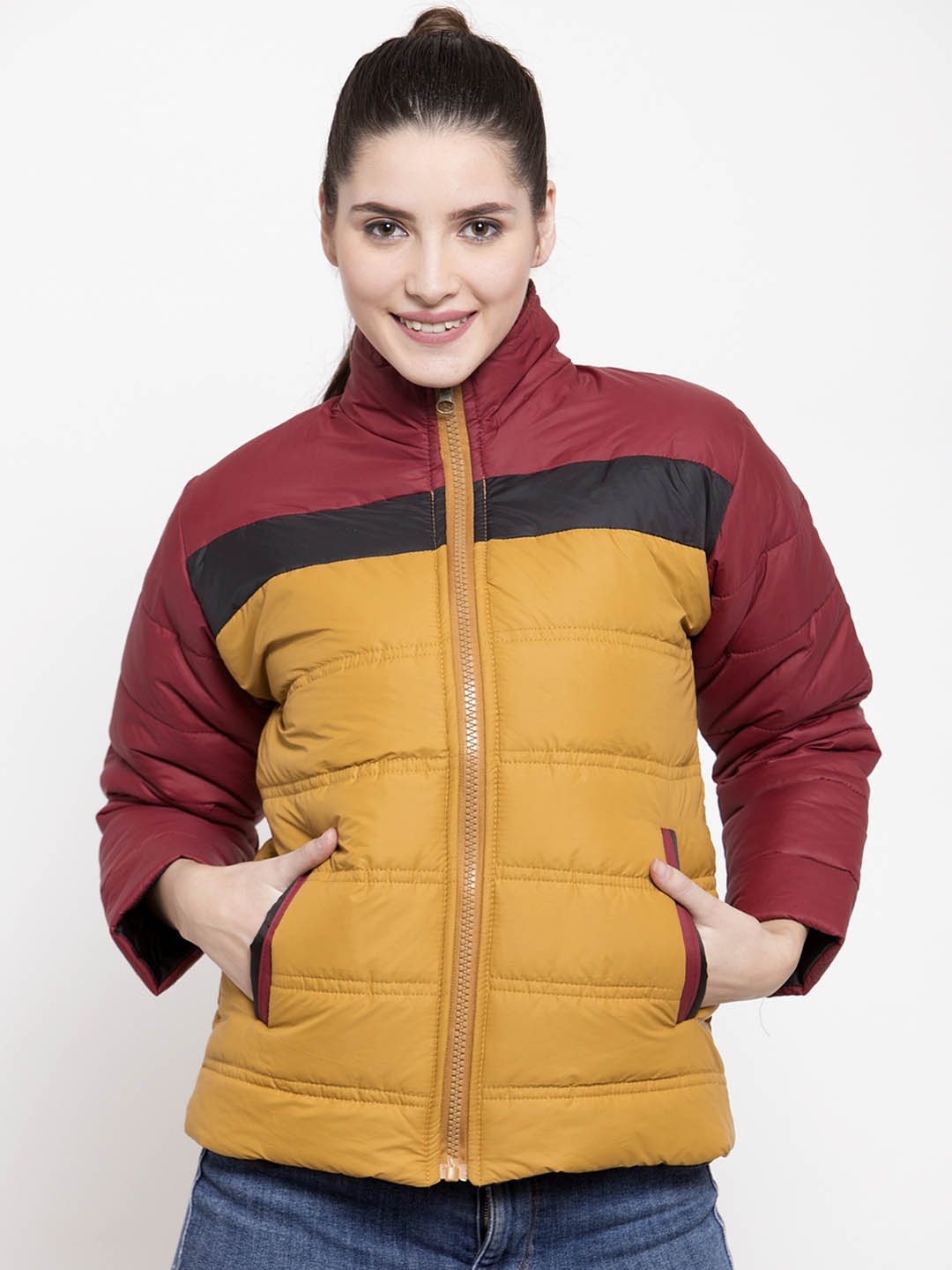 

VOXATI Women Mustard Colourblocked Padded Jacket