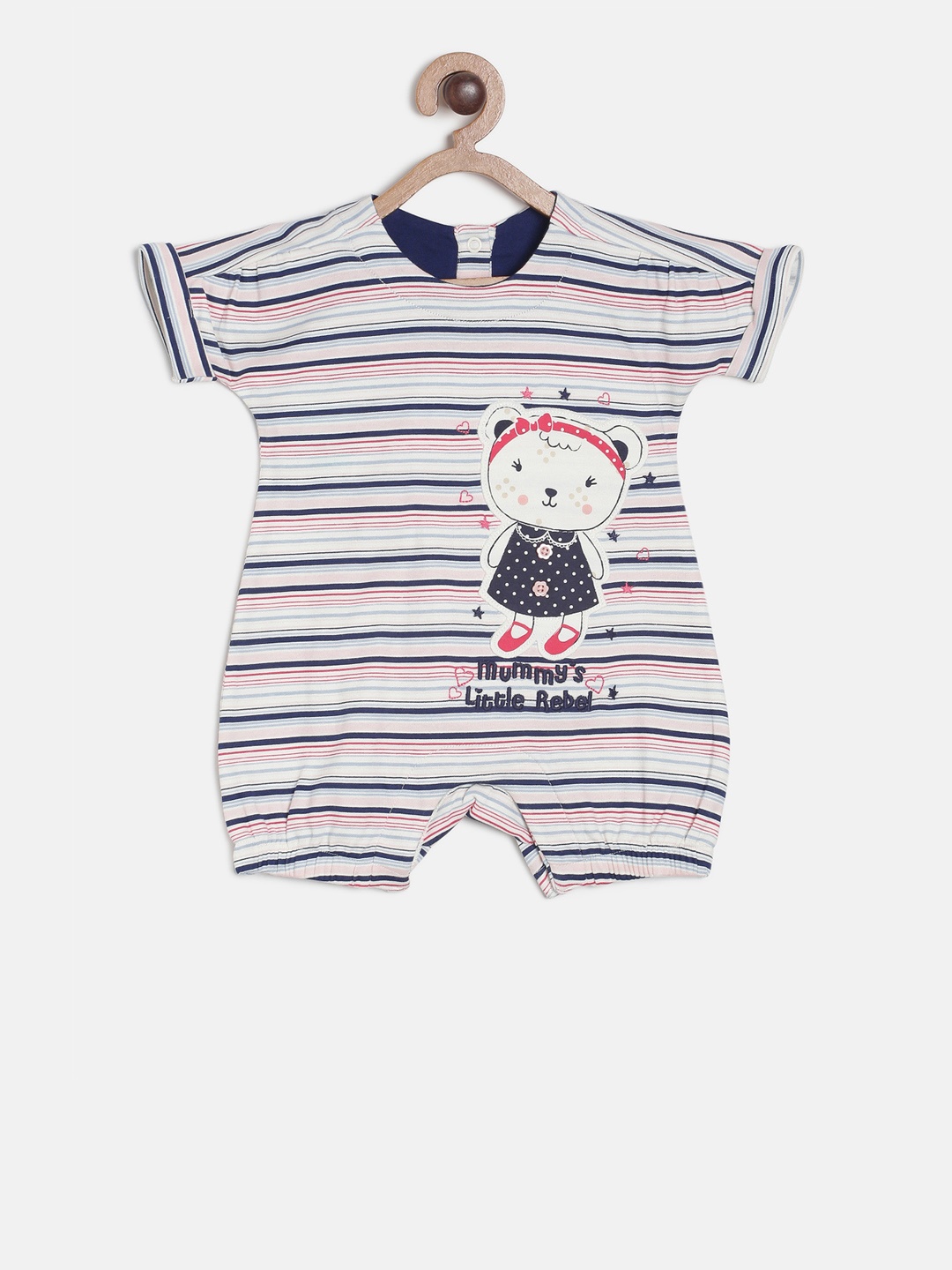 

MINI KLUB Girls Off-White & Blue Striped Pure Cotton Romper