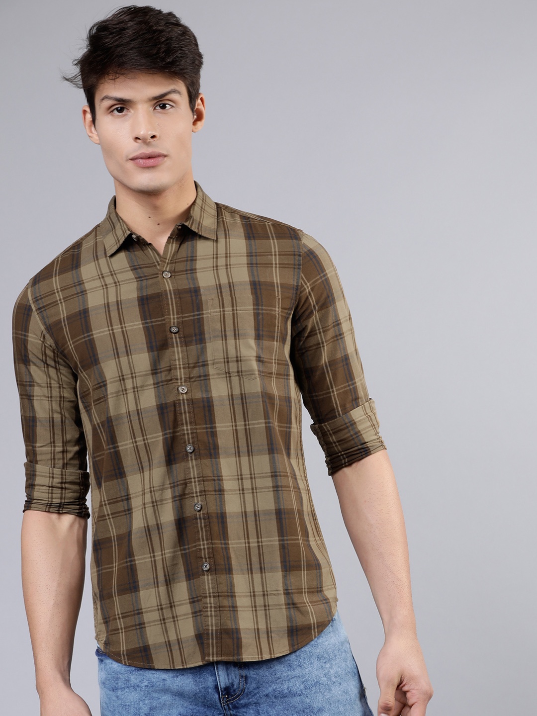 

HIGHLANDER Men Khaki & Brown Slim Fit Checked Casual Shirt