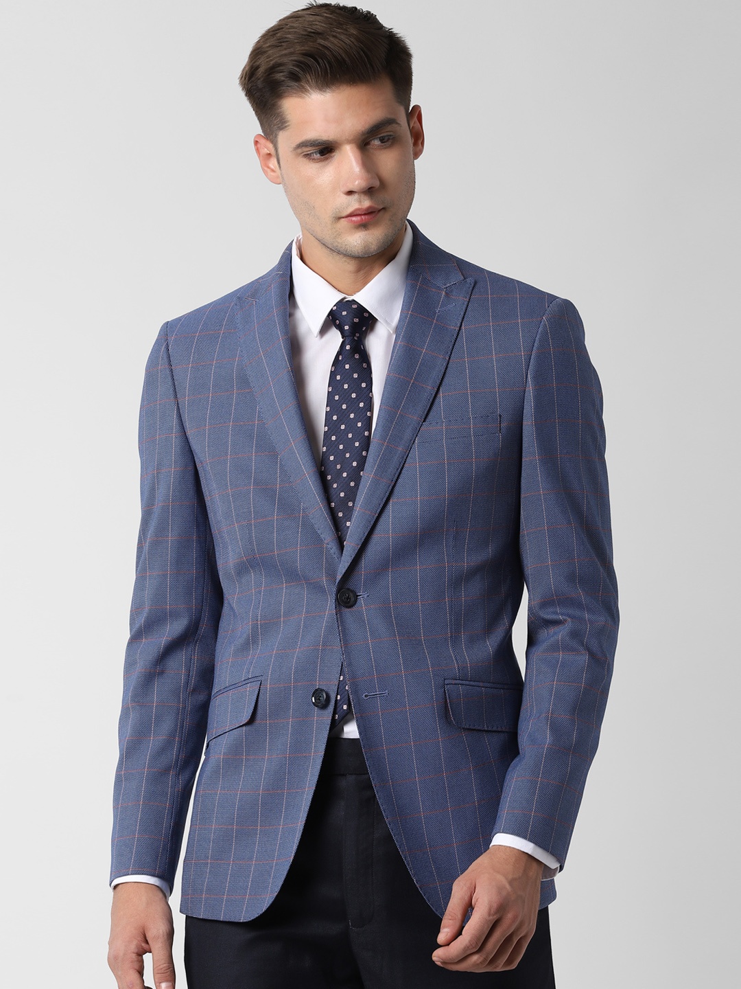 

Peter England Men Blue Checked Slim-Fit Single-Breasted Blazer