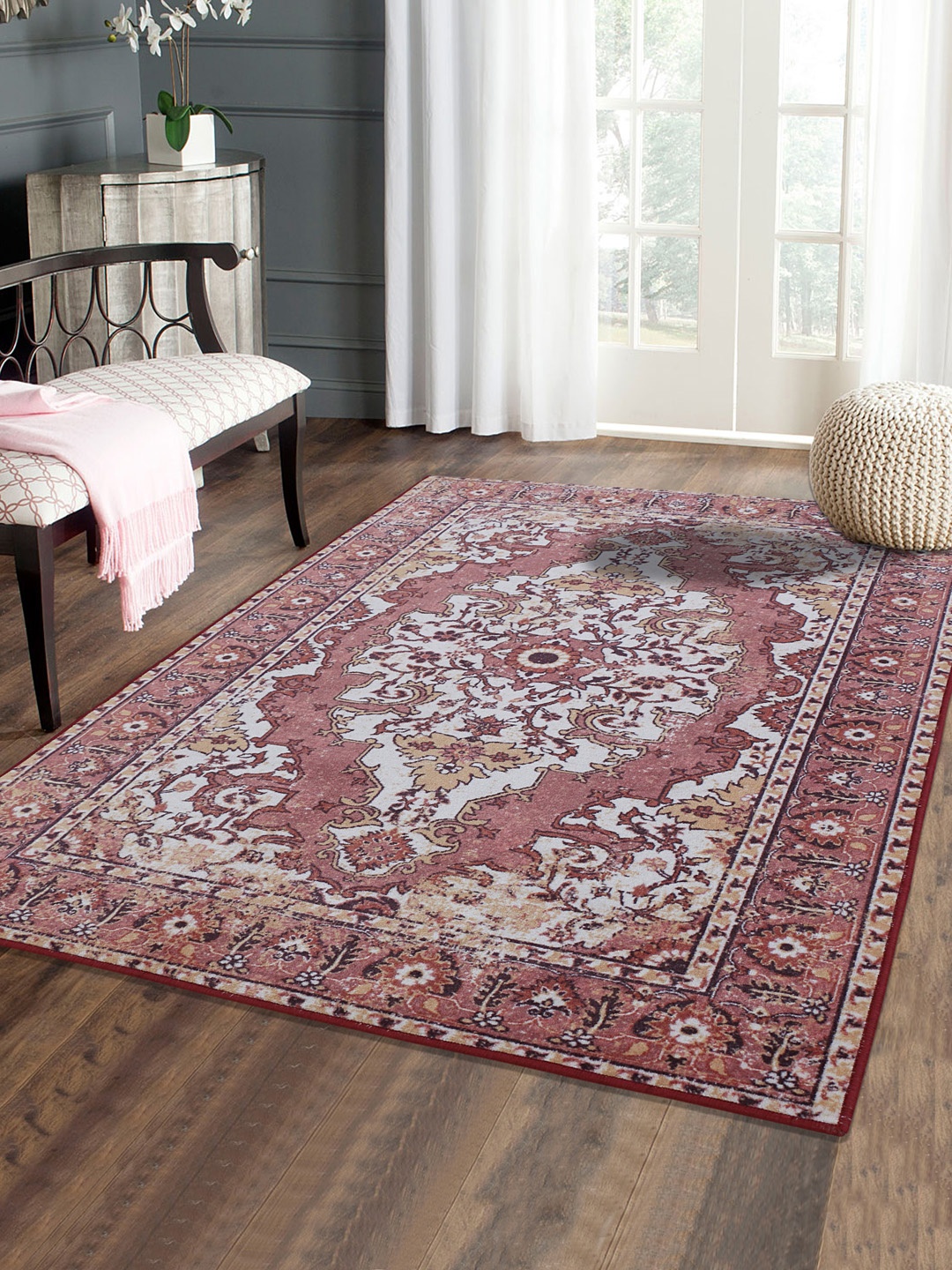 

RUGSMITH Pink & Off-White Printed Anti-Skid Carpet