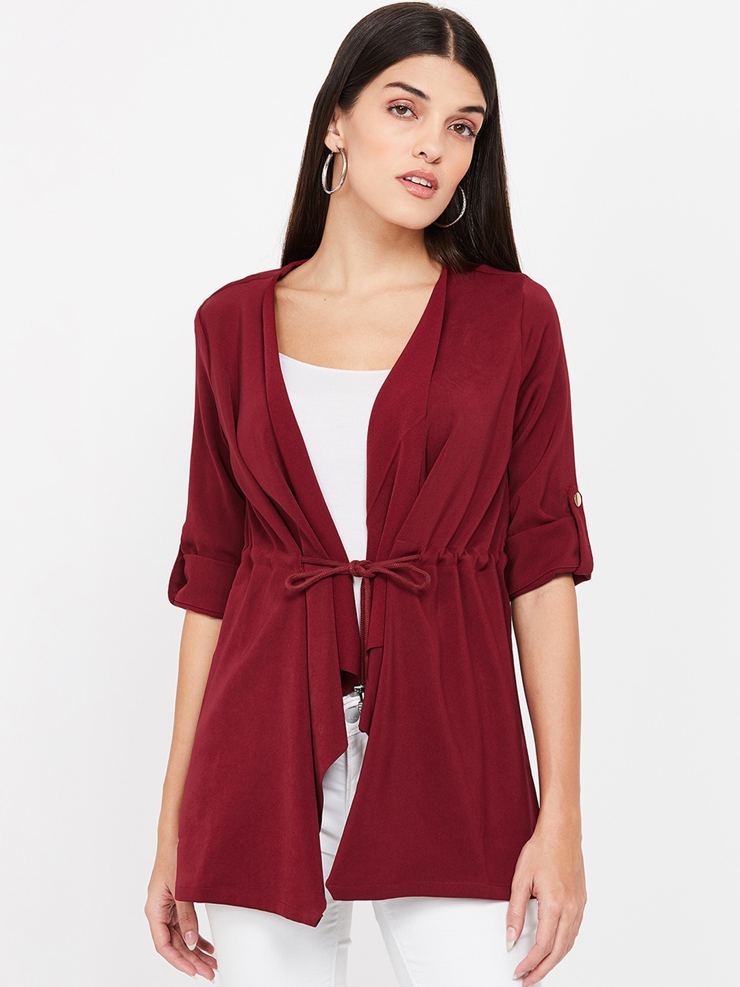 

Bossini Women Burgundy Solid Open Front Shrug