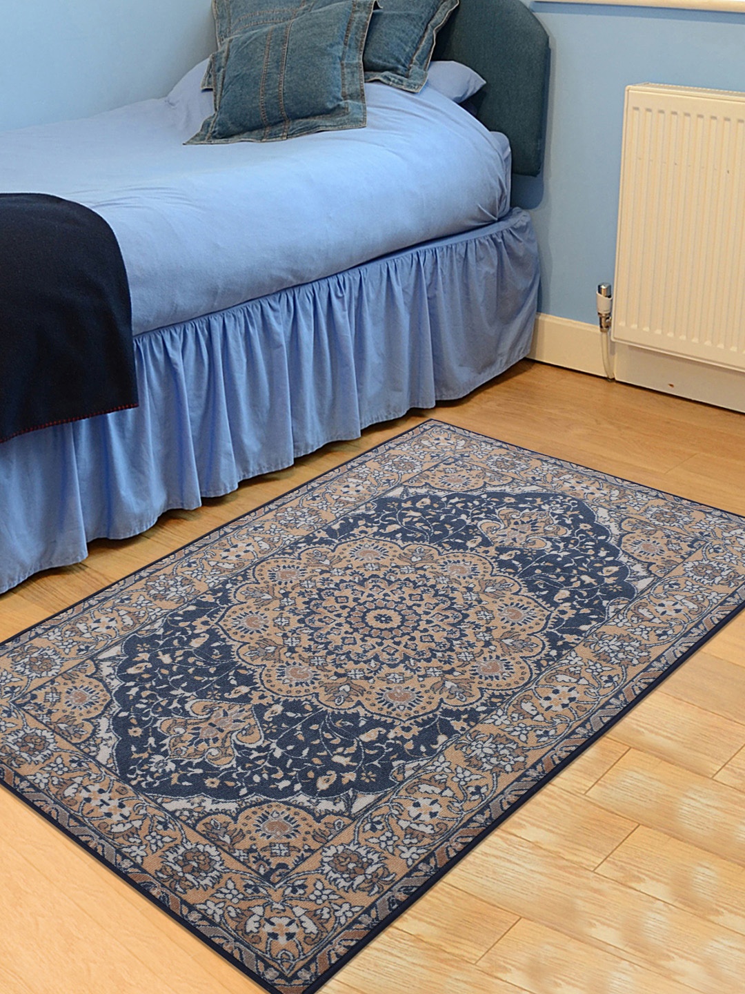 RUGSMITH Blue & Brown Printed Anti-Skid Carpet