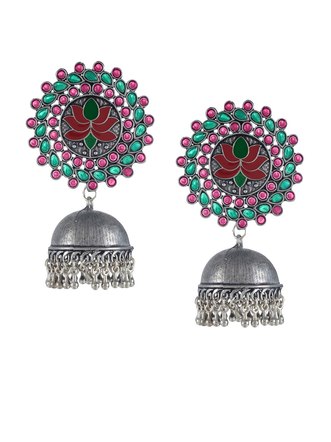 

Mali Fionna Silver-Toned & Green Dome Shaped Jhumkas