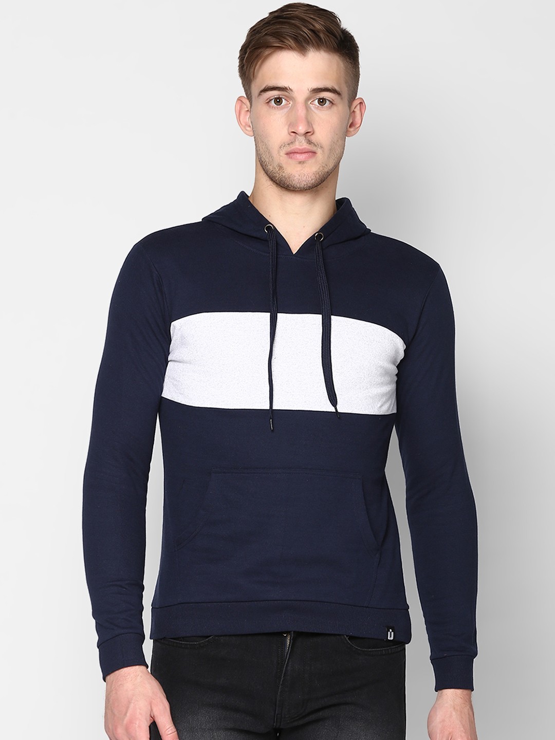 

Urbano Fashion Men Striped Slim Fit Hooded Sweatshirt, Navy blue