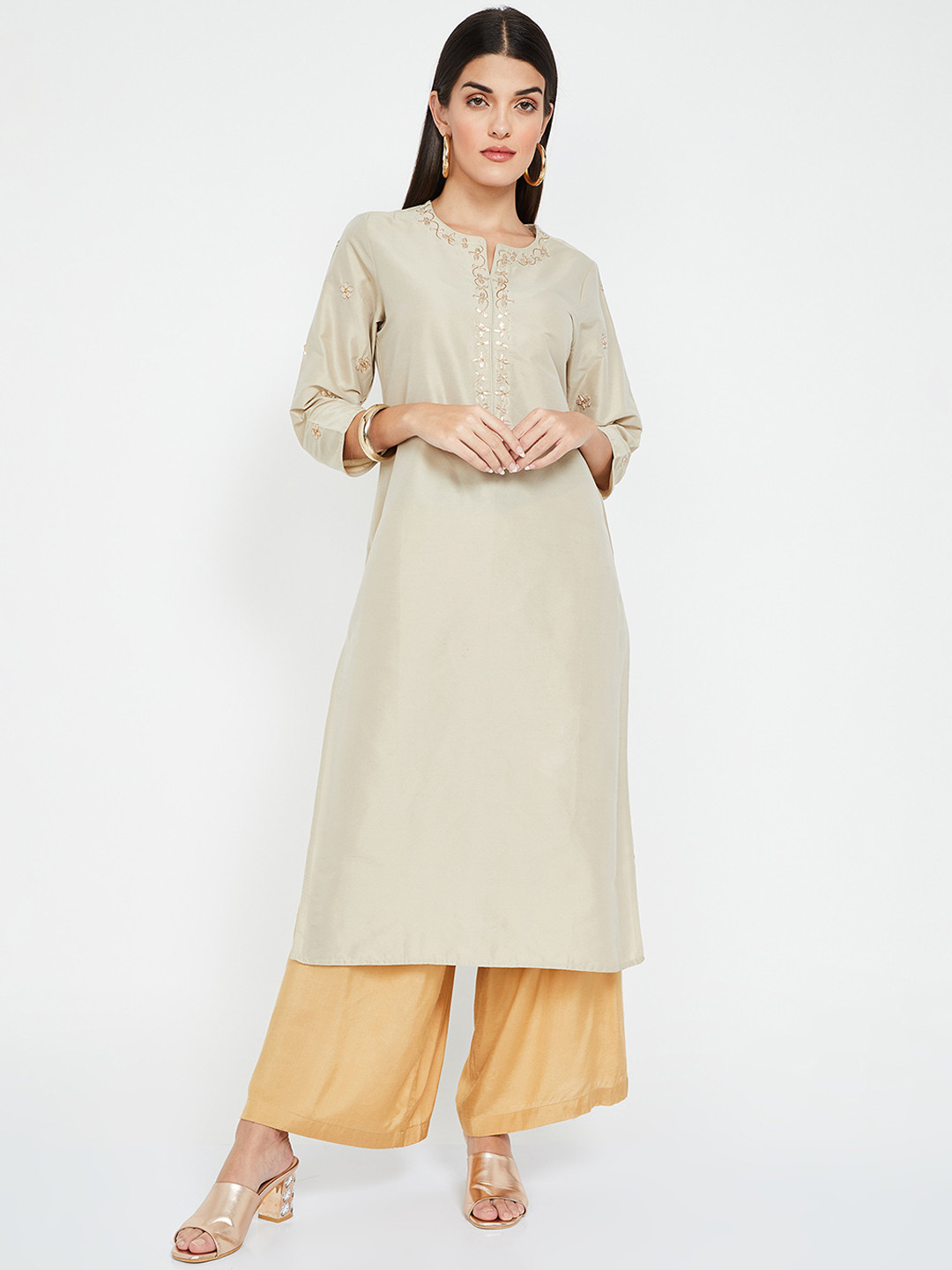 

Melange by Lifestyle Women Beige Solid Straight Kurta