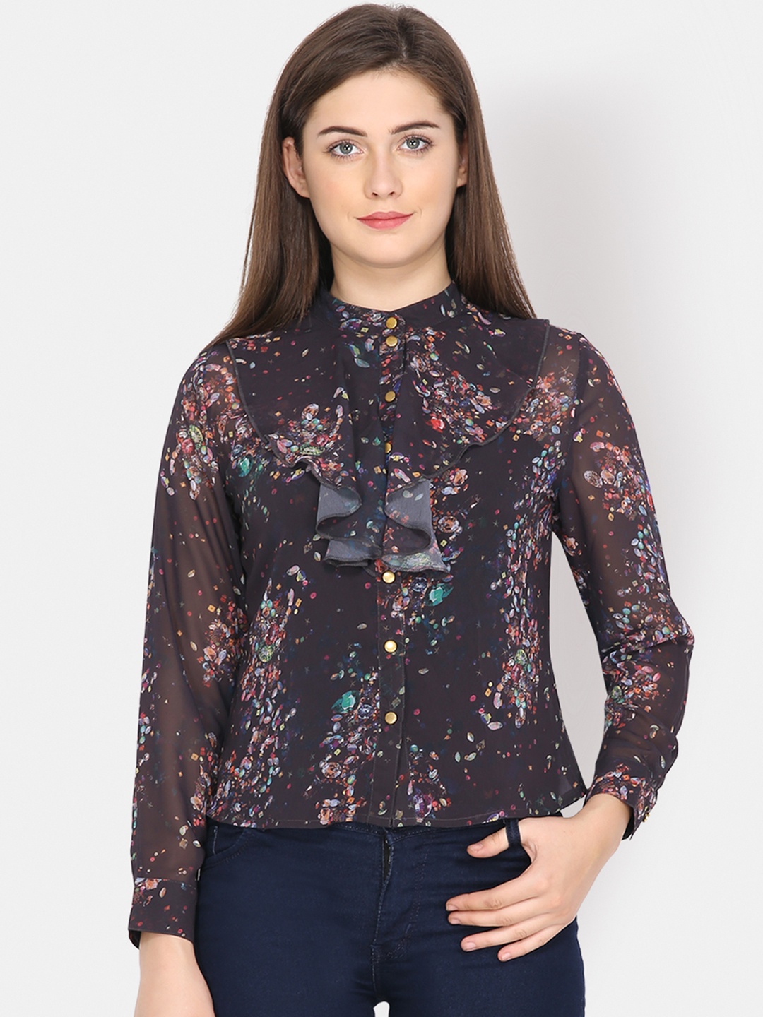 

Yaadleen Women Black Printed Shirt Style Top