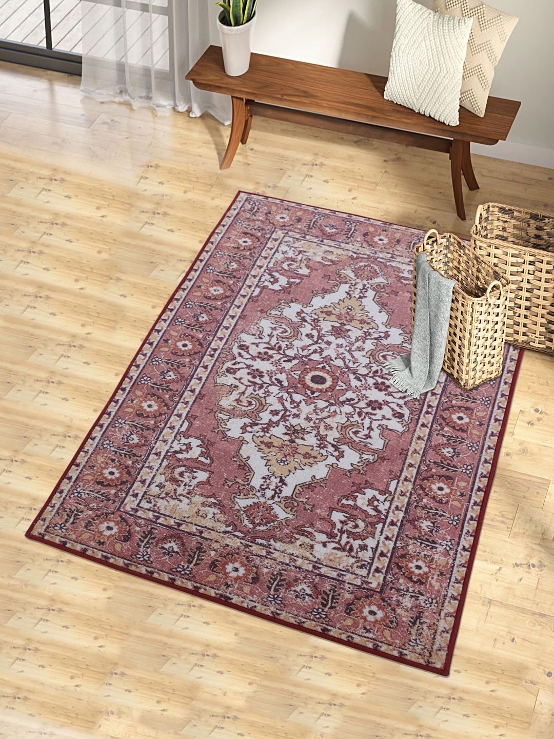 RUGSMITH Pink & Off-White Printed Anti-Skid Carpet