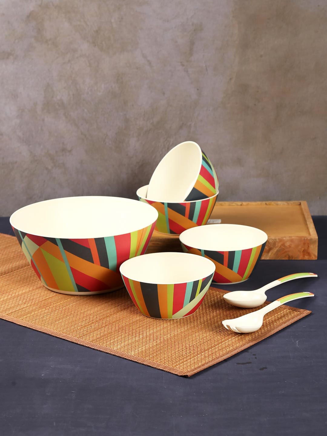 India Circus by Krsnaa Mehta Multicoloured Set Of 7 Printed Bamboo Bowl, Multi