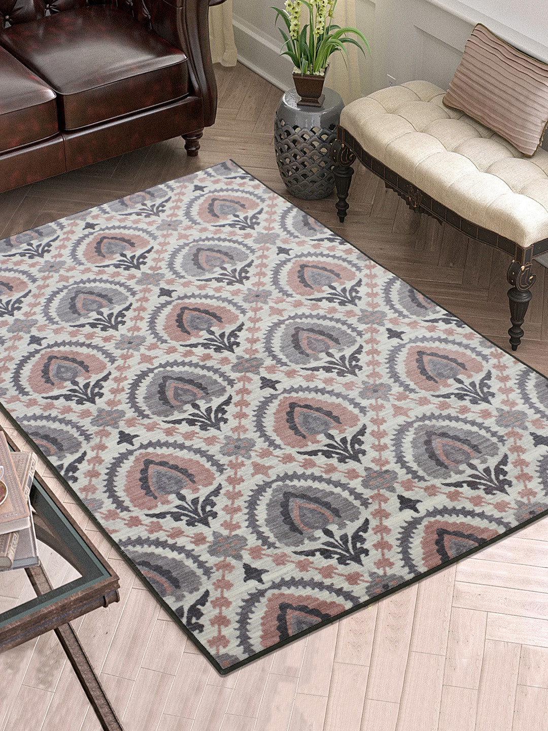 

RUGSMITH Off-White & Grey Printed Anti-Skid Carpet