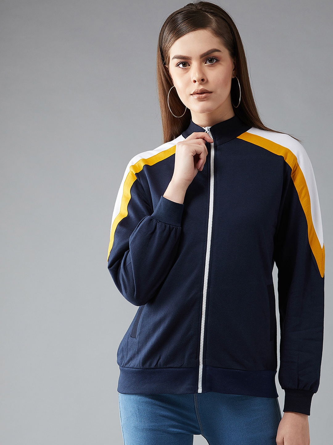DOLCE CRUDO Women Navy Blue & Yellow Solid Sweatshirt