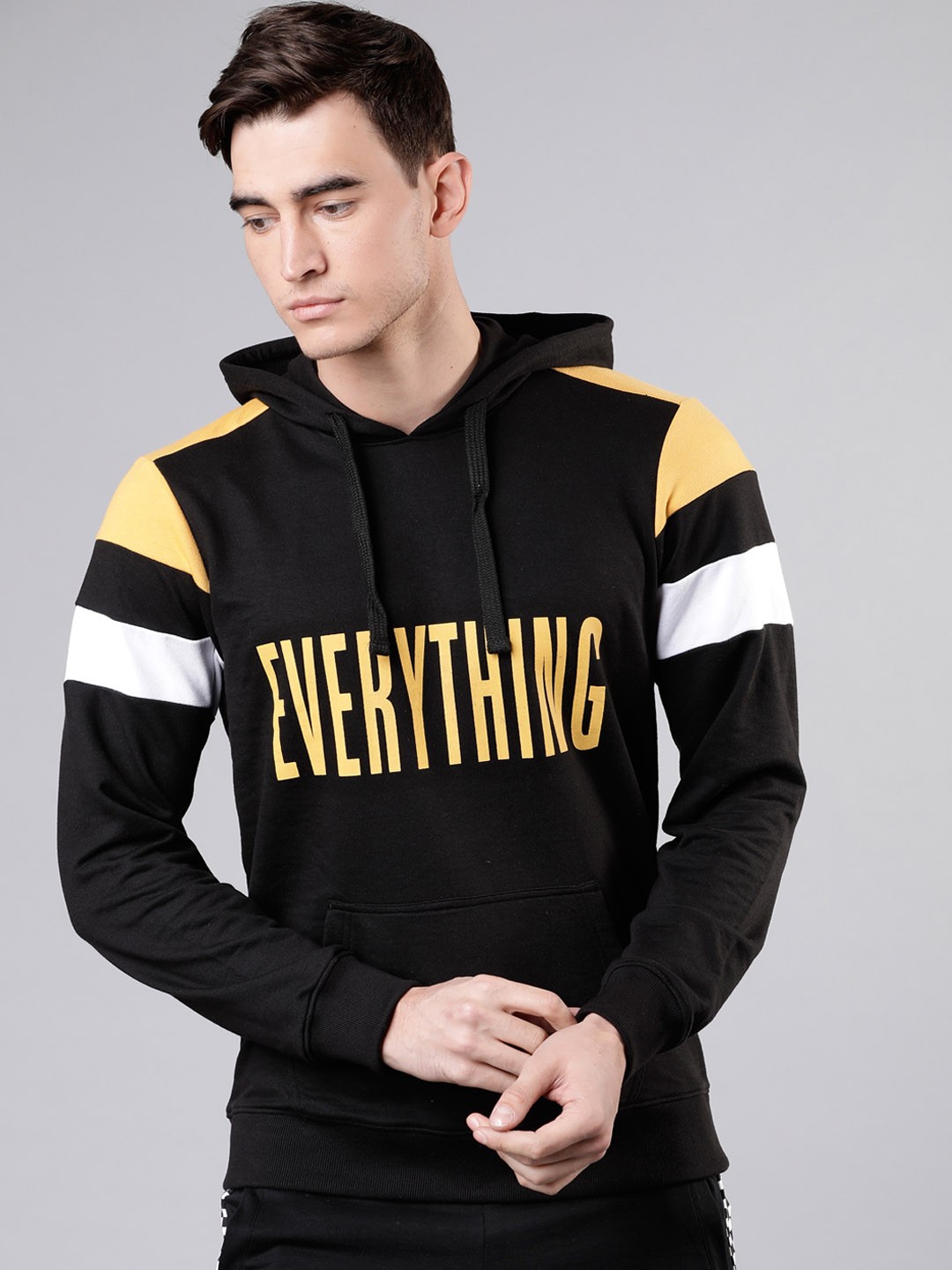 

LOCOMOTIVE Men Black & Mustard Solid Hooded Sweatshirt