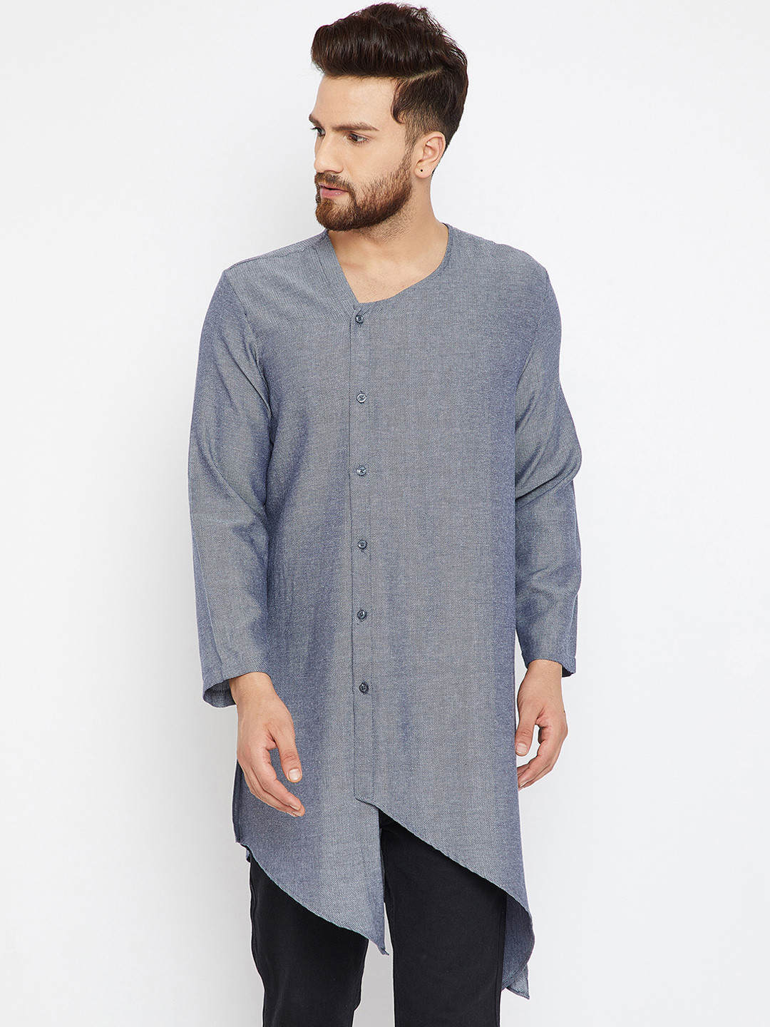 

even Men Grey Solid Asymmetric Straight Kurta