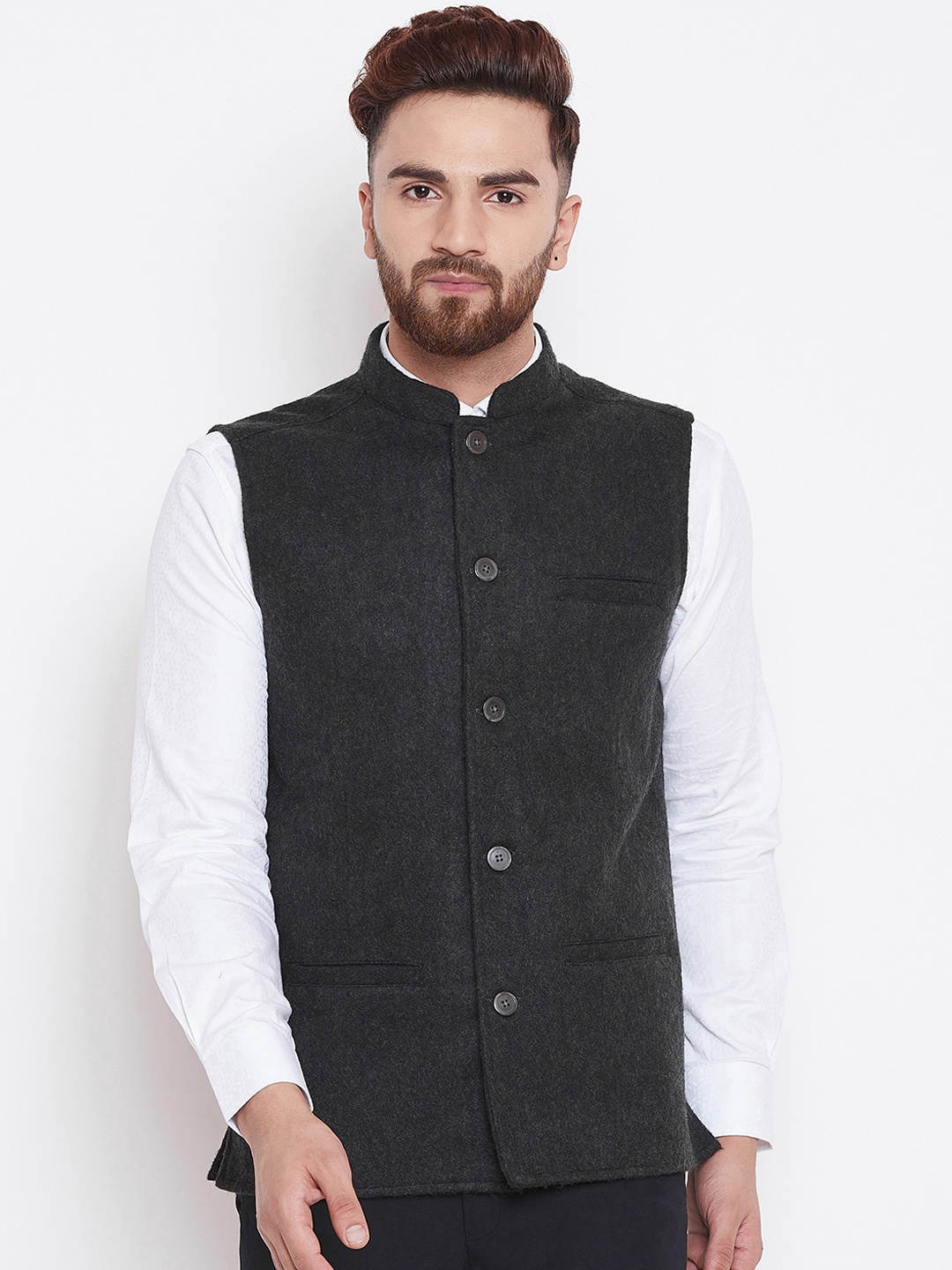 

even Men Charcoal Grey Solid Nehru Jacket