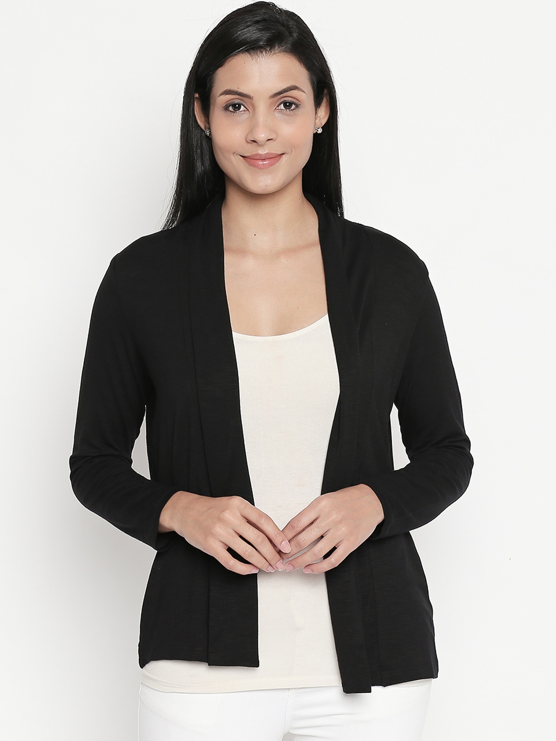 

Honey by Pantaloons Women Black Solid Open Front Shrug