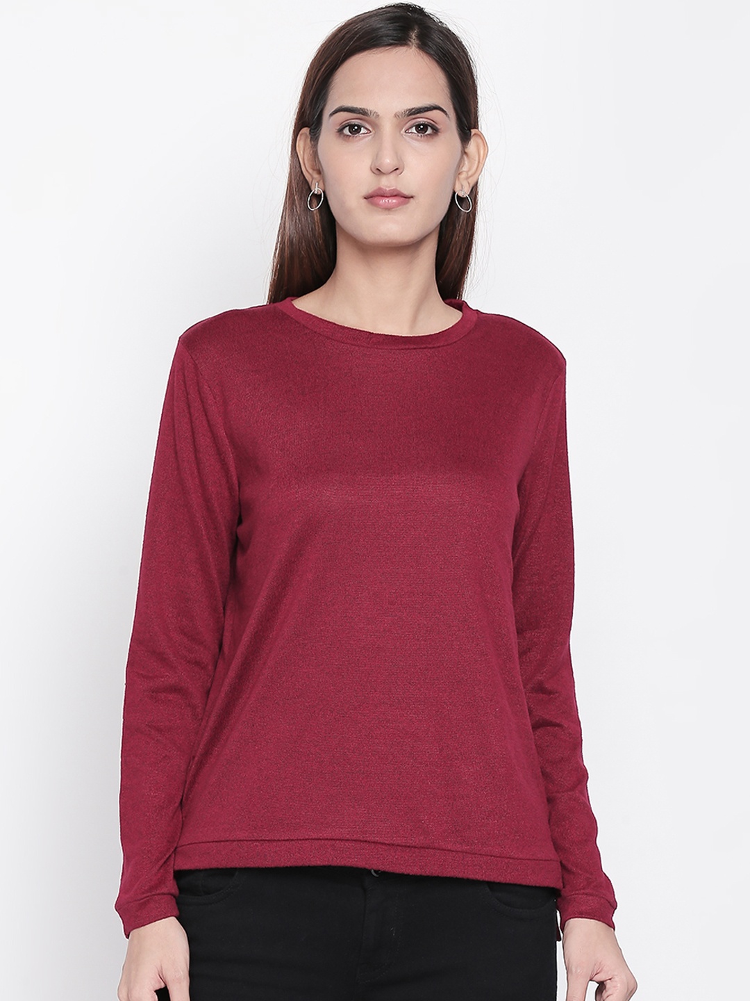 

Honey by Pantaloons Women Burgundy Solid Round Neck T-shirt