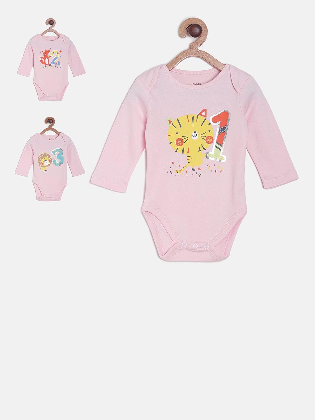 

MINI KLUB Girls Pack of 3 Pink Printed Pure Cotton Bodysuits
