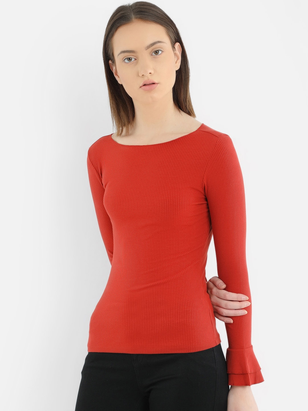 

COVER STORY Women Red Solid Fitted Top