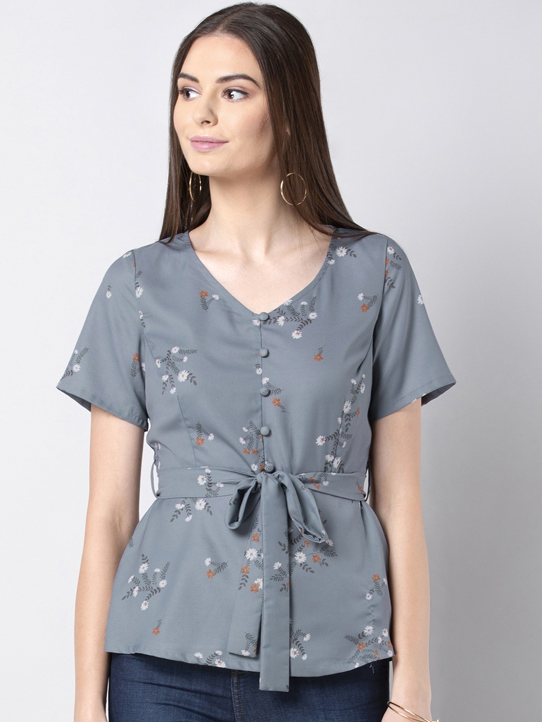 

FabAlley Women Grey Floral Printed Top