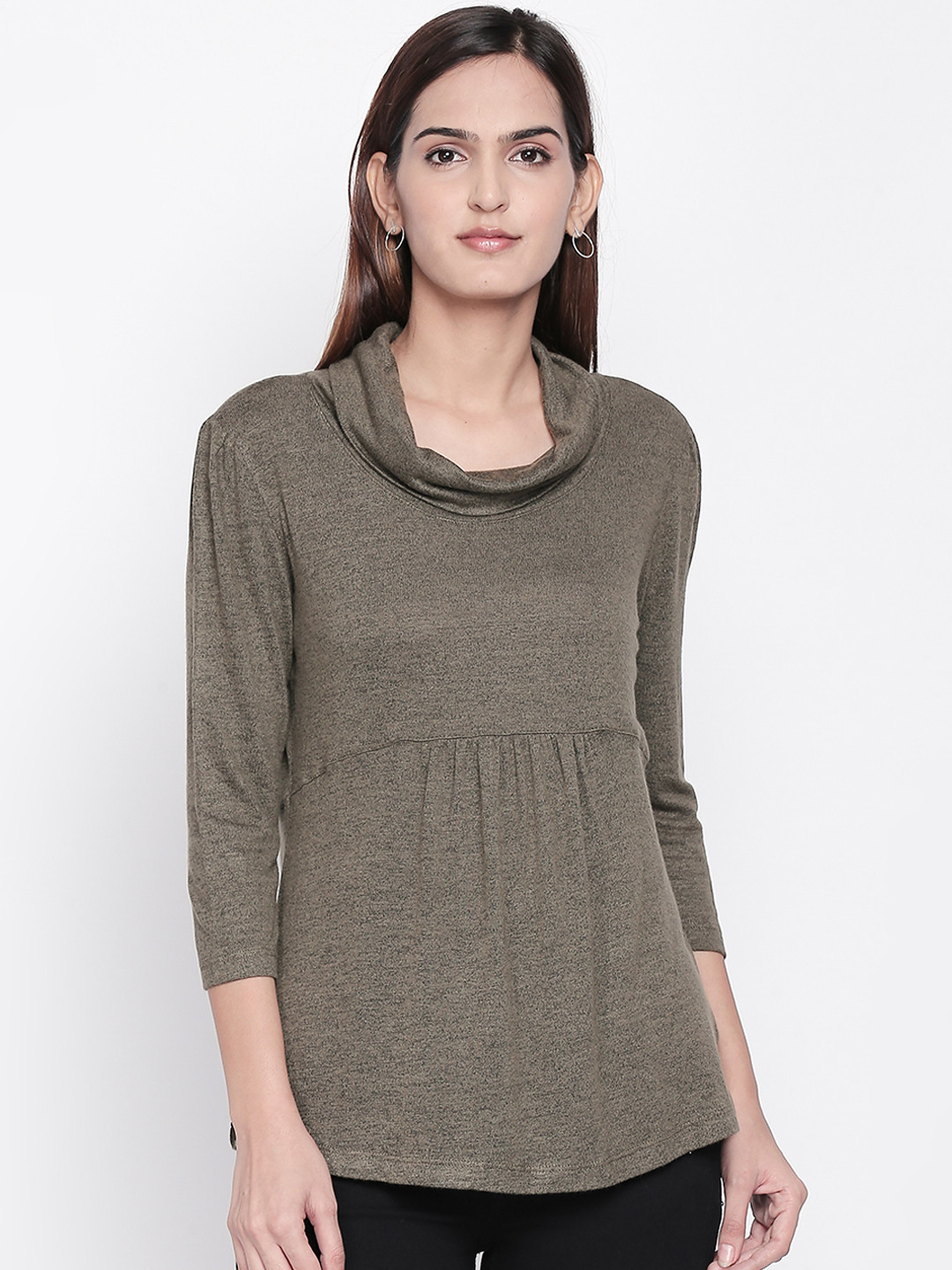 

Honey by Pantaloons Women Olive Green Solid Cowl Neck T-shirt