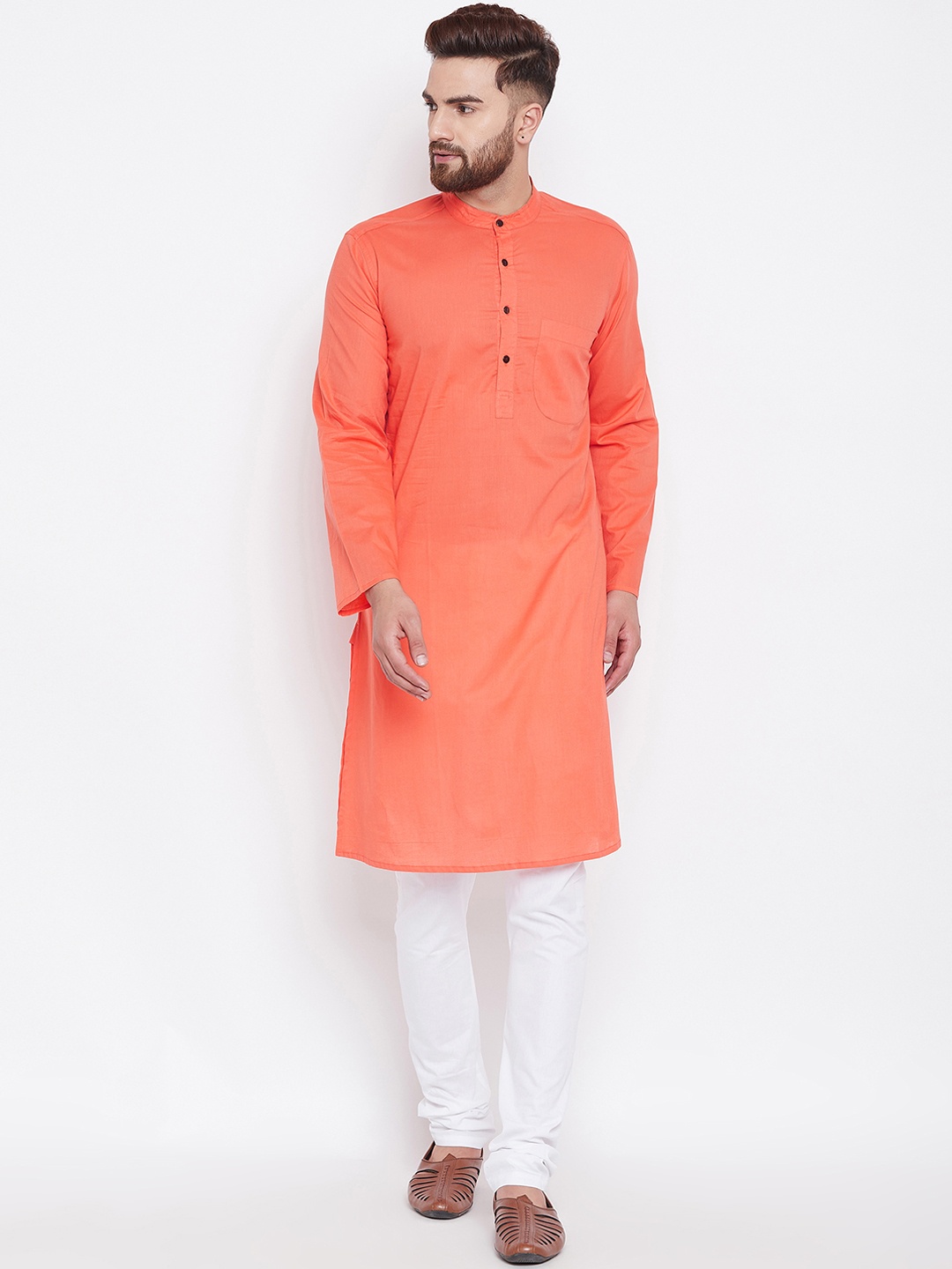 

even Men Peach-Coloured Solid Straight Kurta