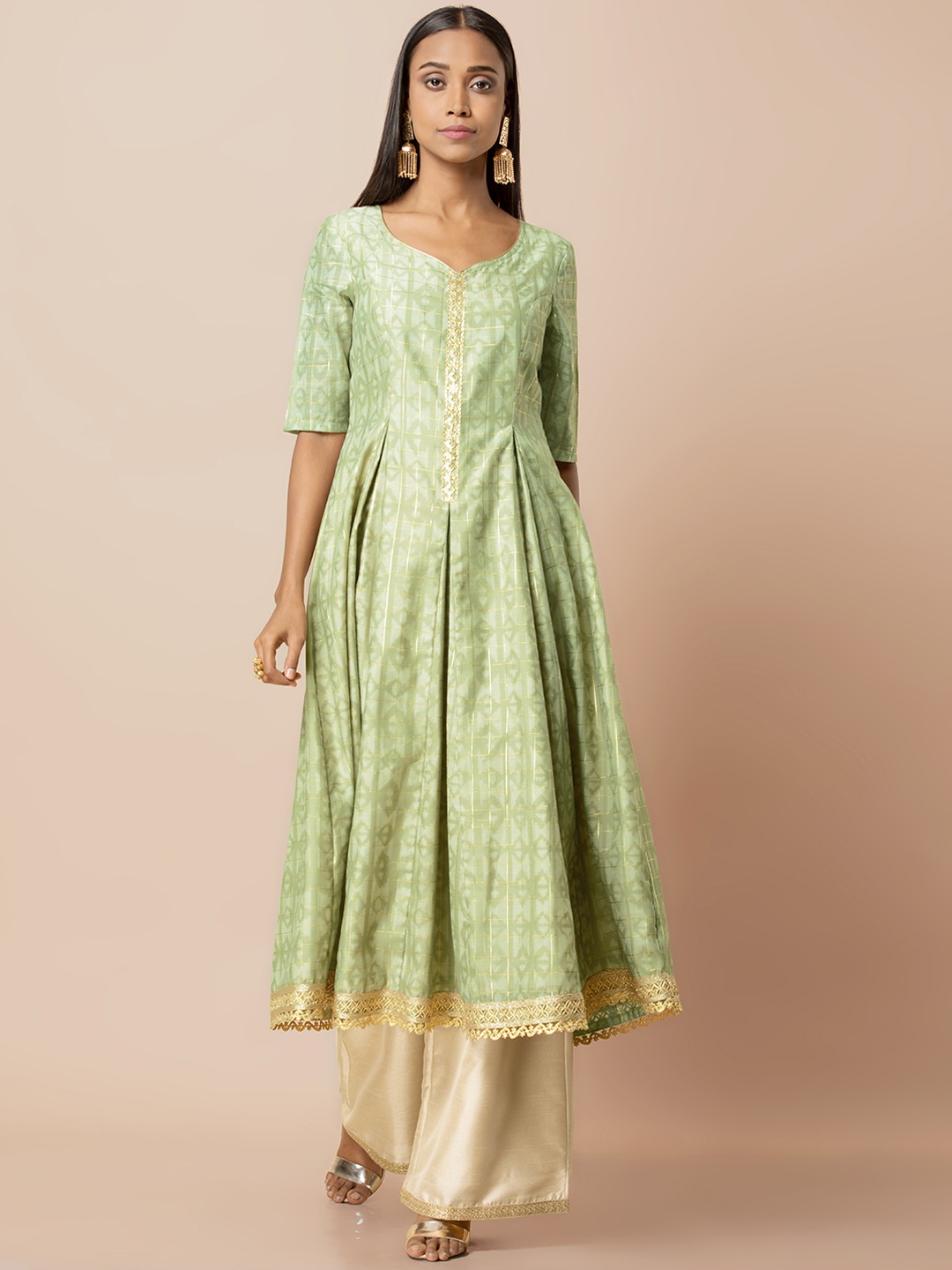 

INDYA Women Green & Golden Printed A-Line Kurta