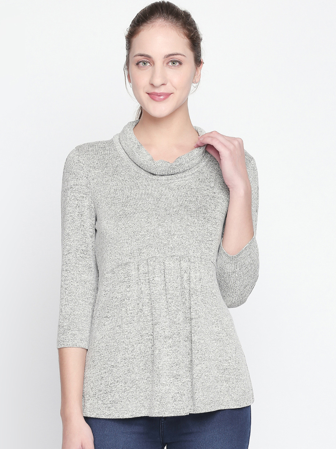 

Honey by Pantaloons Women Grey Melange Solid Cowl Neck T-shirt