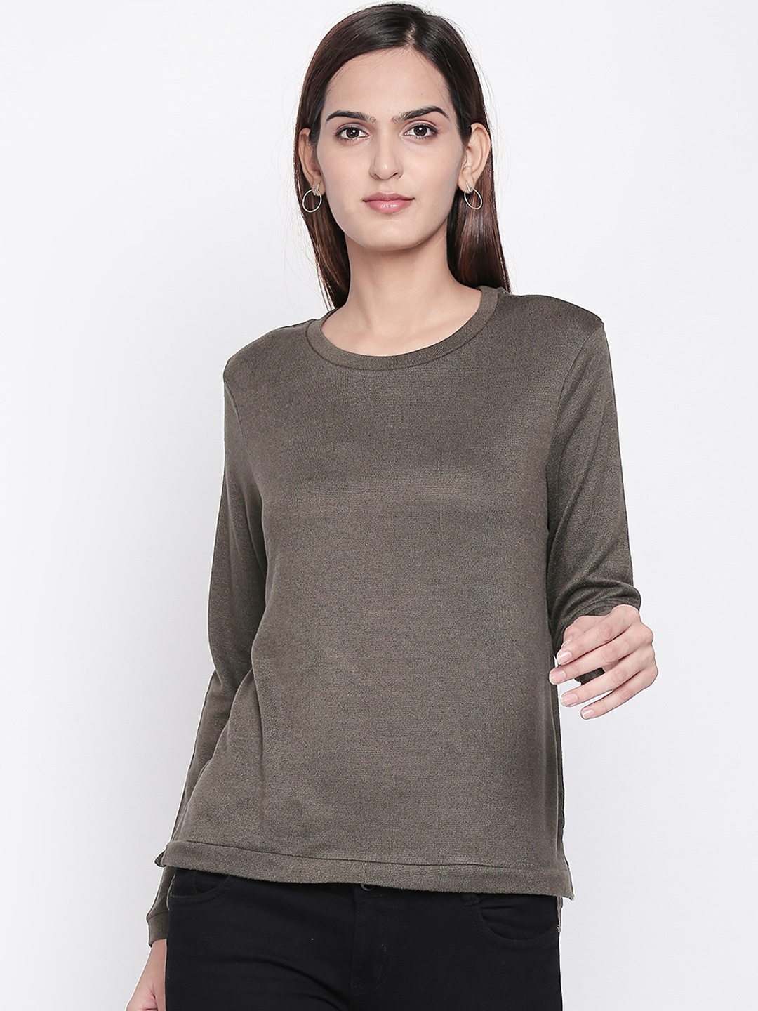 

Honey by Pantaloons Women Olive Green Solid Round Neck T-shirt
