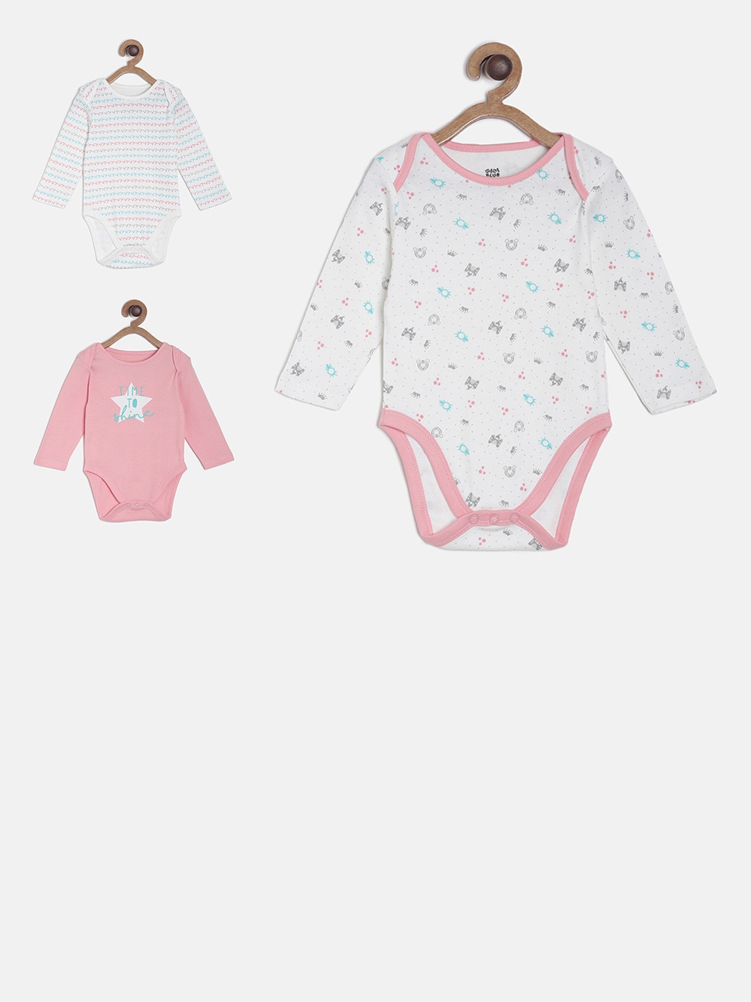 

MINI KLUB Girls Pack of 3 Multicoloured Pure Cotton Bodysuits, Multi