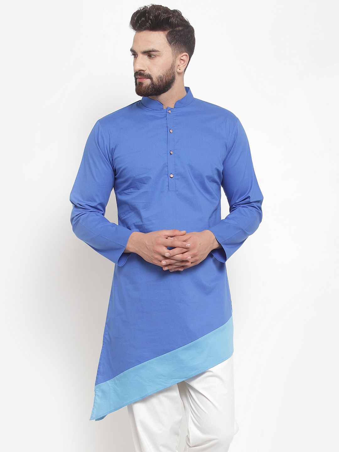 

Purple State Men Blue Colourblocked Straight Asymmetric Kurta