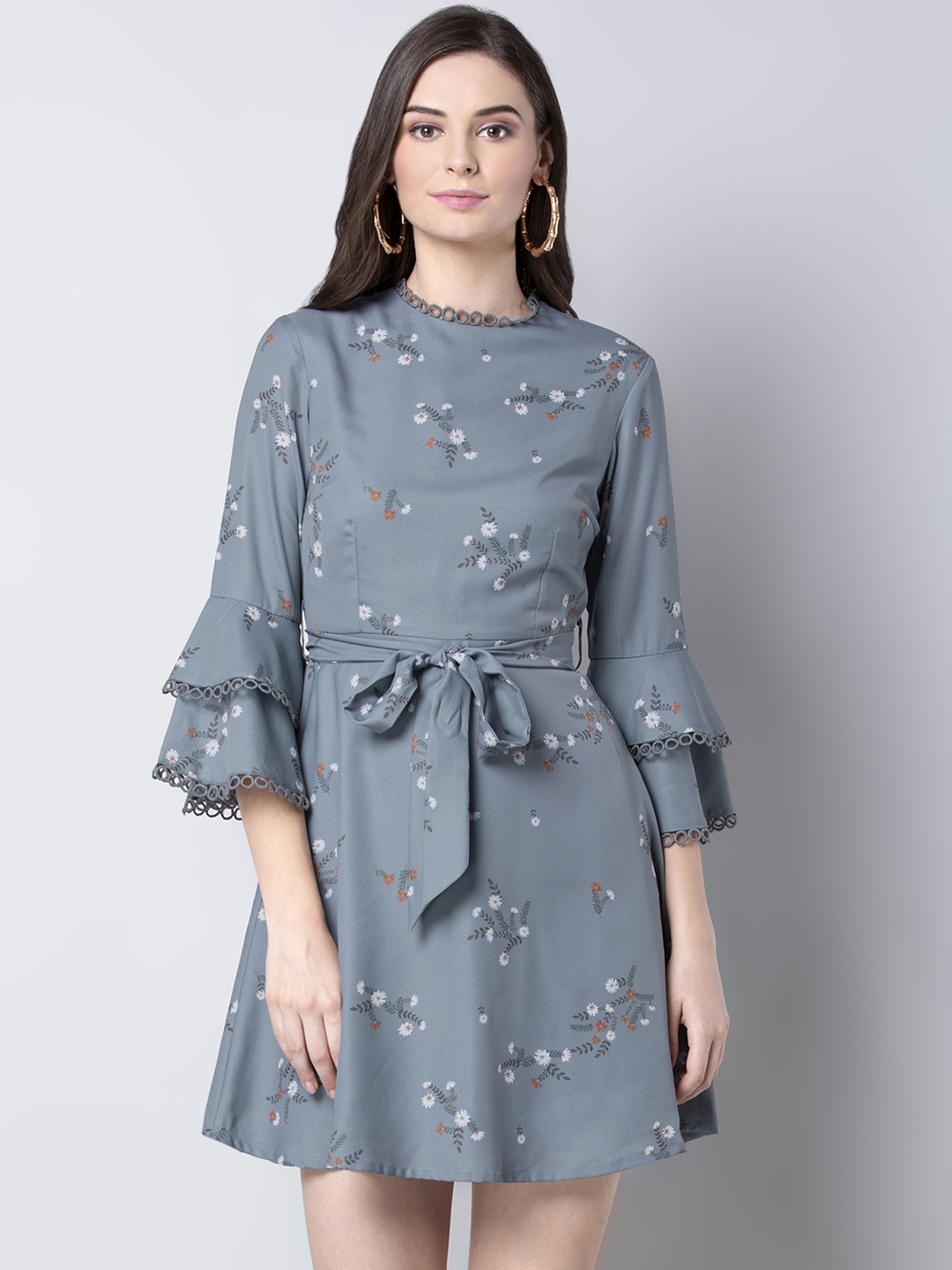 

FabAlley Women Grey Floral Printed A-Line Dress