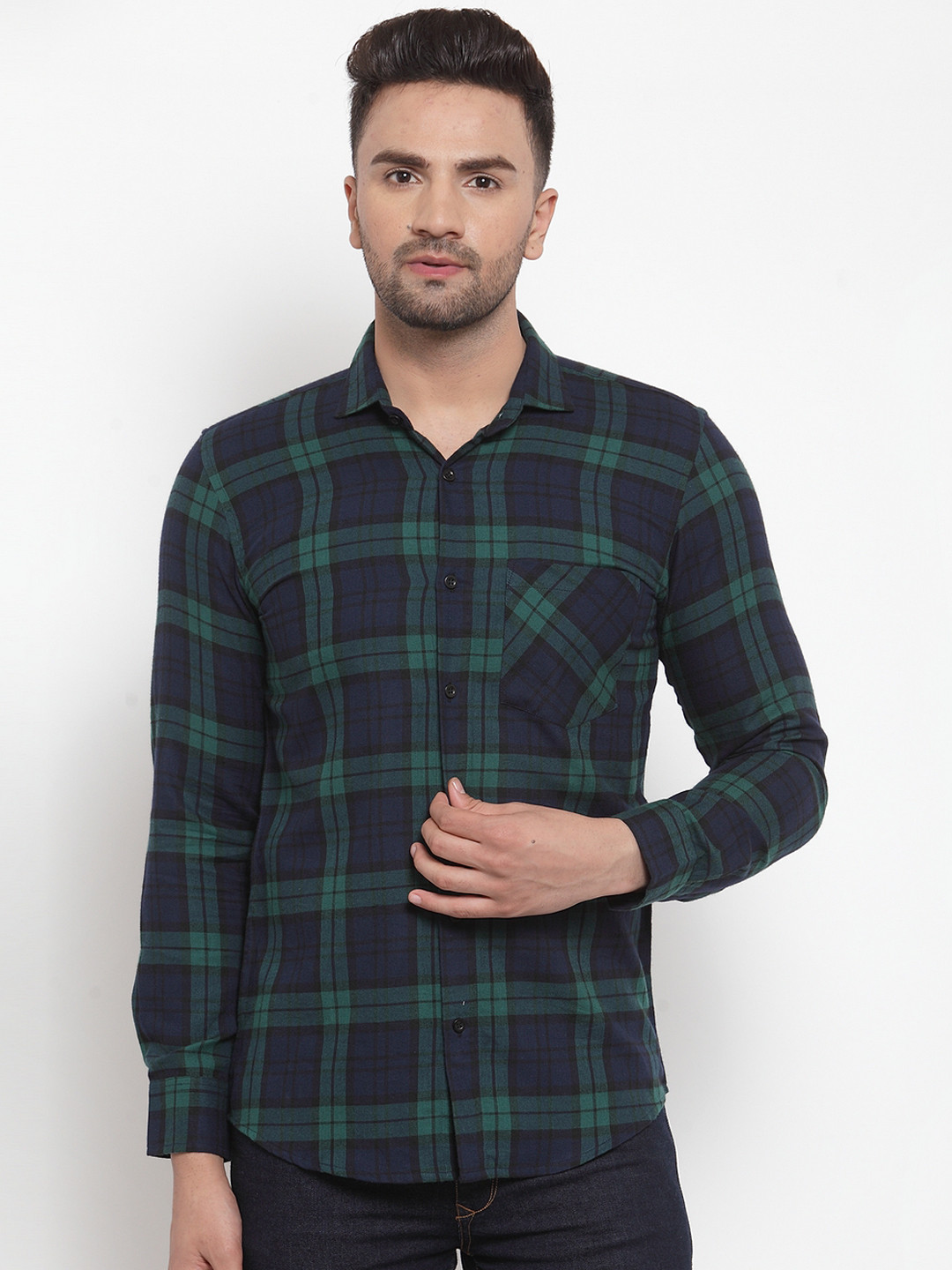 

Purple State Men Blue & Green Slim Fit Checked Casual Shirt