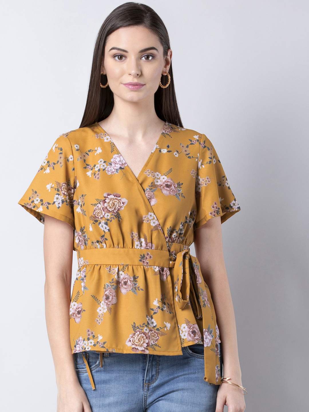 

FabAlley Women Mustard Yellow Floral Printed Wrap Top