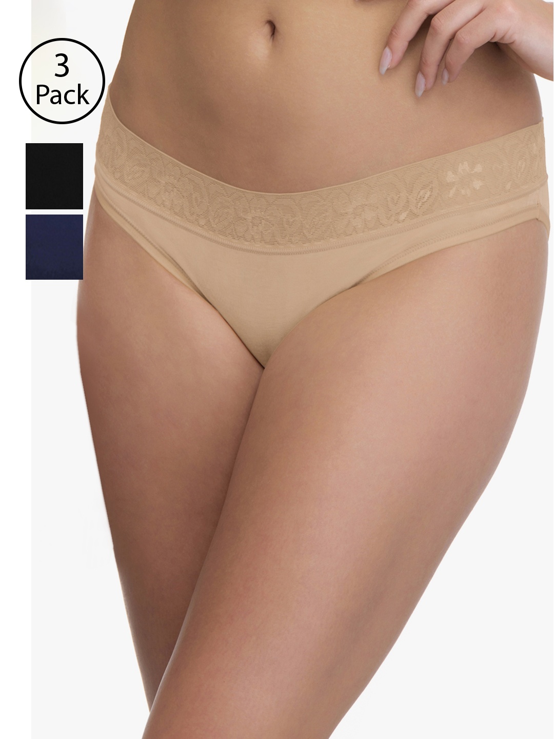 

Ultimo Women Pack of 3 Solid Laced Low-Rise Bikini Briefs P0002, Nude