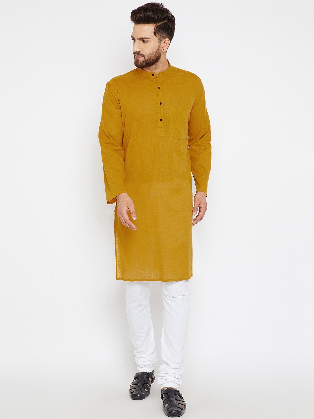 

even Men Mustard Yellow Solid Straight Kurta