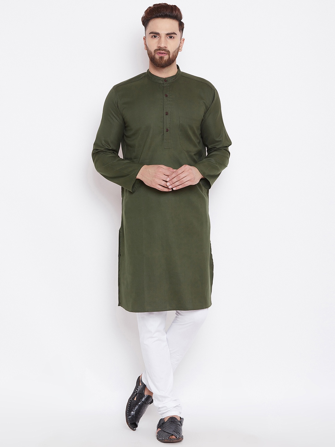 even Men Green Solid Straight Kurta