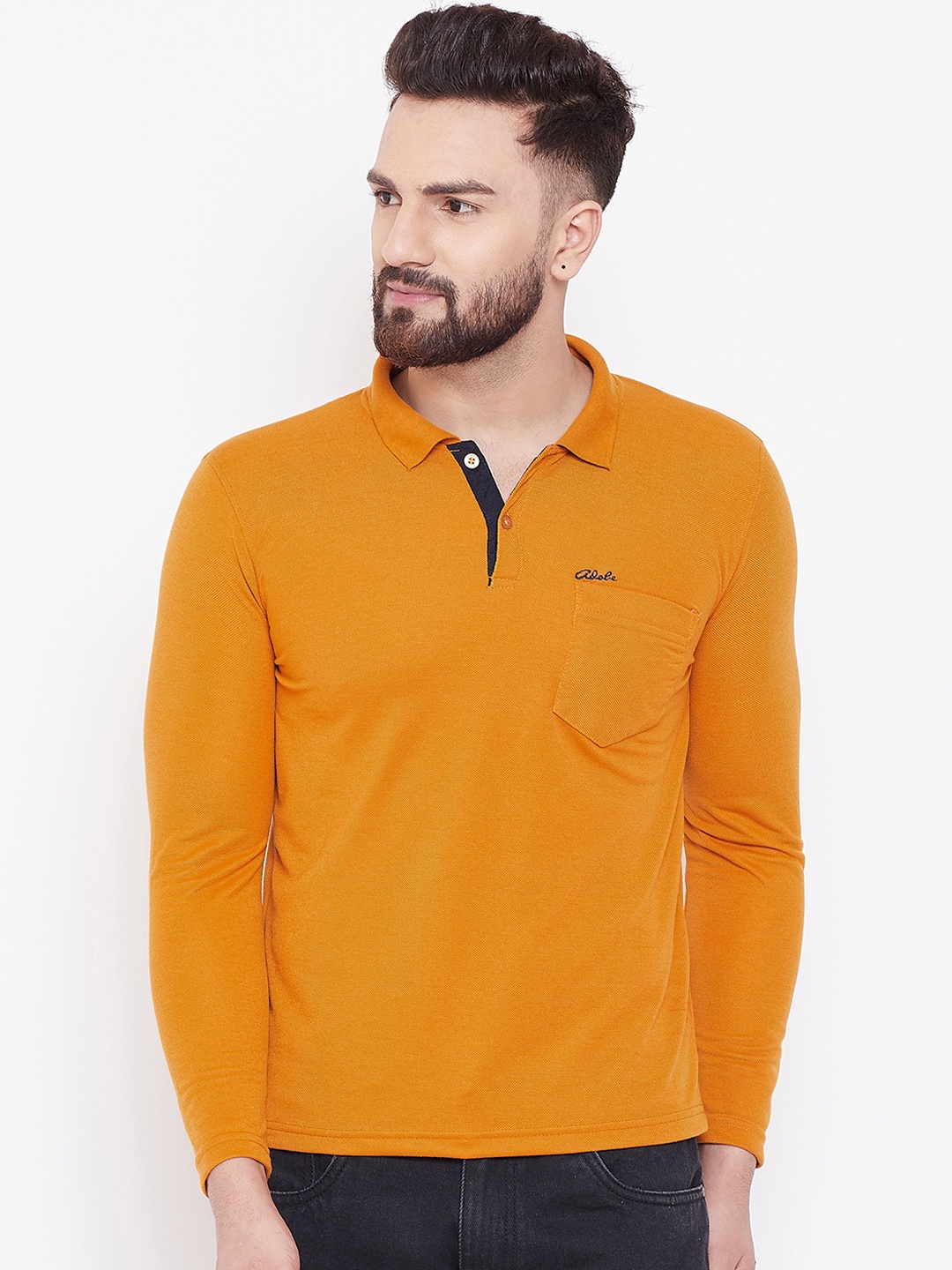 

Adobe Men Mustard Yellow Solid Polo Collar T-shirt