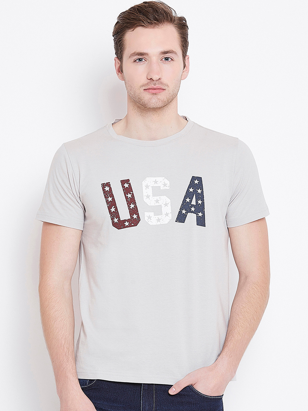 

JUMP USA Men Grey Printed Round Neck Pure Cotton T-shirt