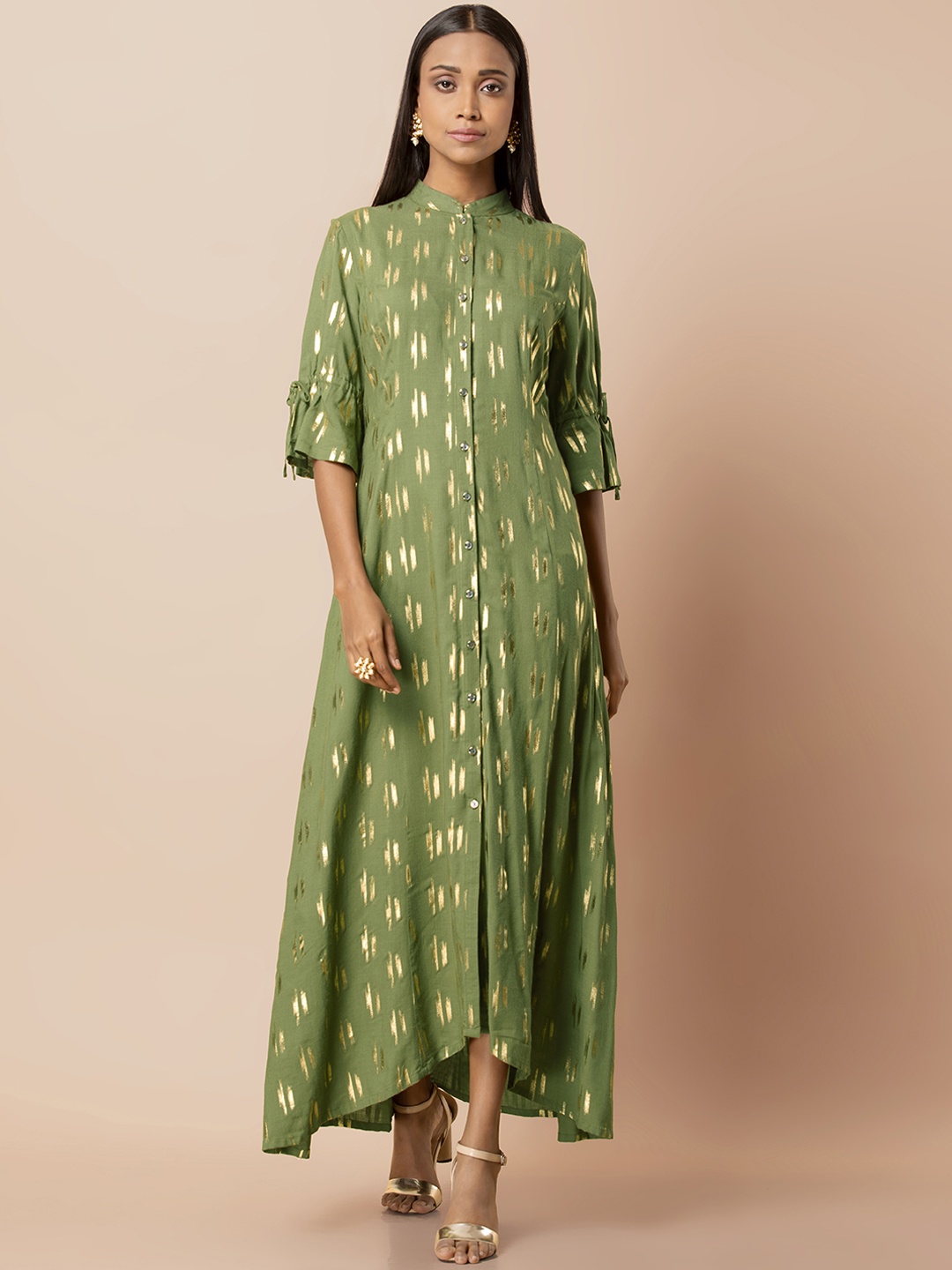 

INDYA Women Green & Golden Foil Printed Asymmetric Hemline A-Line Kurta