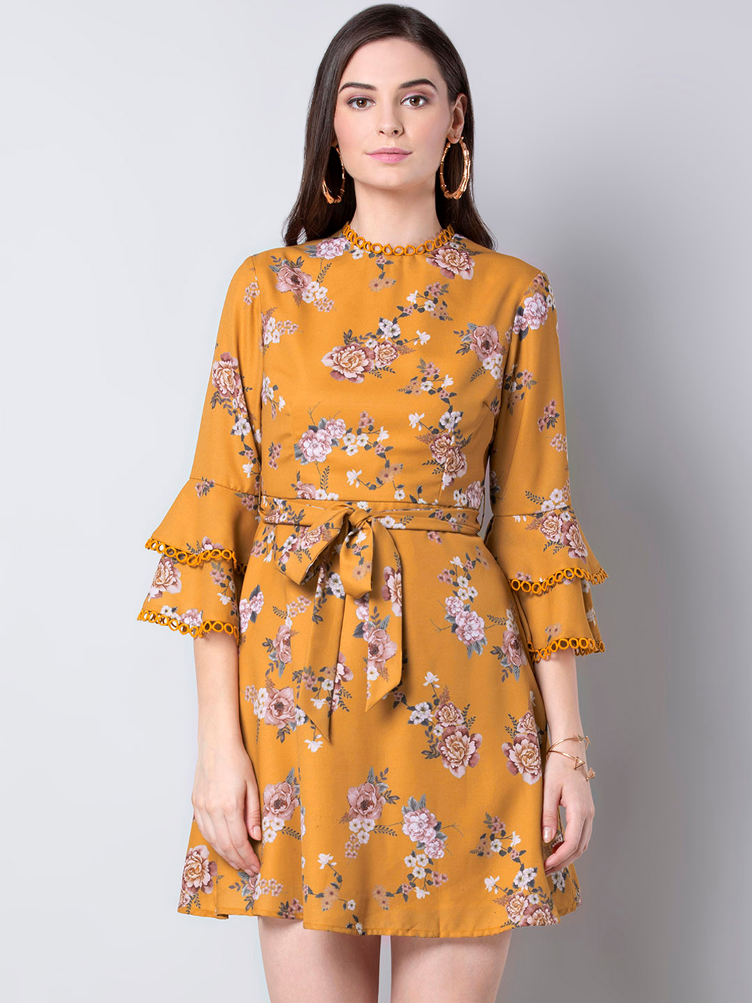 

FabAlley Women Yellow Floral Print A-Line Dress