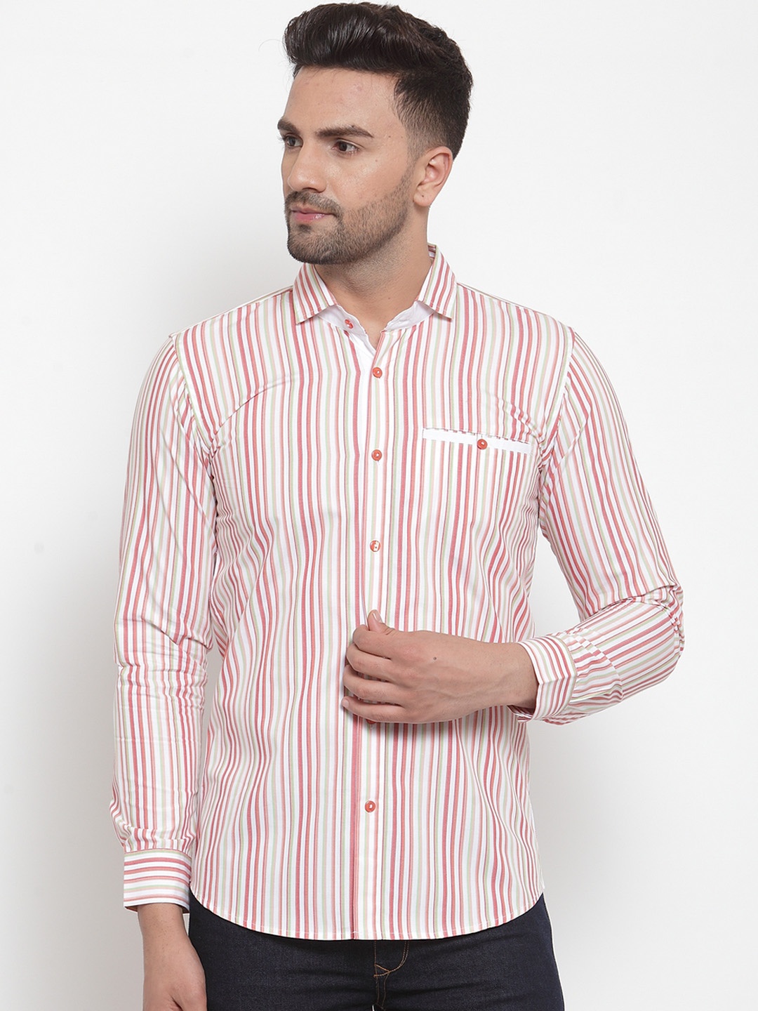 

Purple State Men White & Pink Slim Fit Striped Casual Shirt