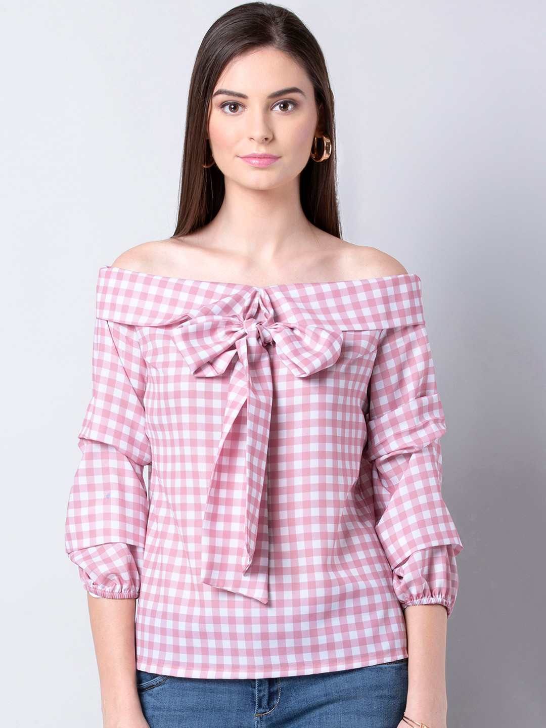 

FabAlley Women Pink Checked Bardot Top