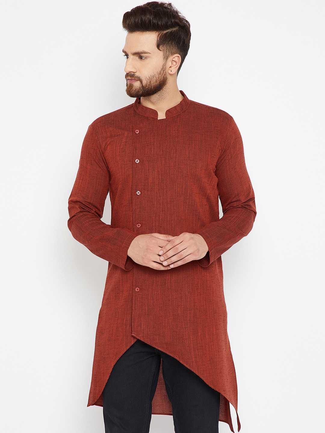 

even Men Maroon Solid Straight Asymmetric Kurta
